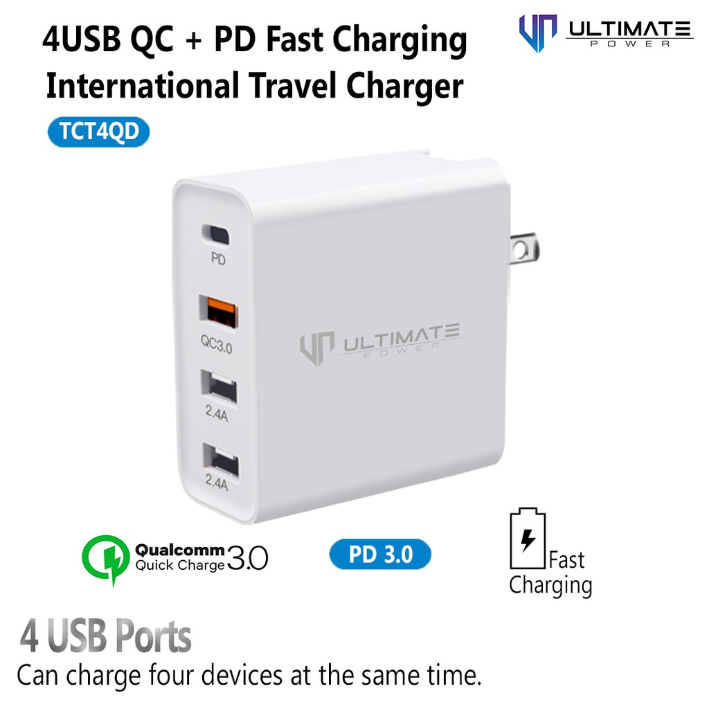 Kepala Charger Ultimate Power 4USB QC+PD Fast Charging International Travel Charger original100%