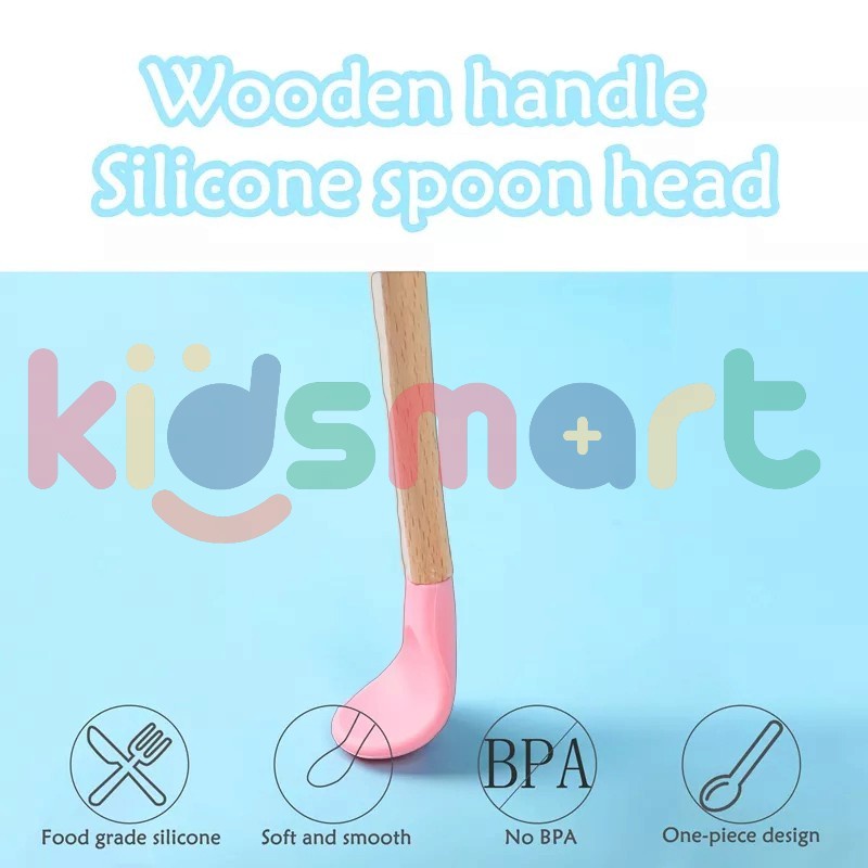 KIDSMART Wooden Spoon Silicon Baby / Sendok &amp; Garpu Kayu Silikon Untuk Makan Bayi