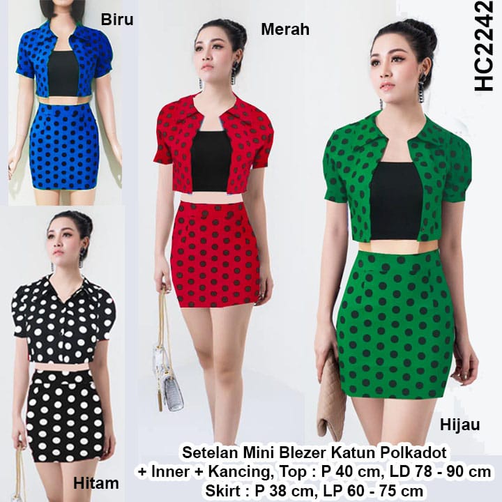 HC2242 Setelan Mini Blezer Polkadot + Inner + Kancing Stretch / Setelan Mini Seksi / Stelan Mini Dress/ Setelan Dress mini Sexy / Mini Dress Korean