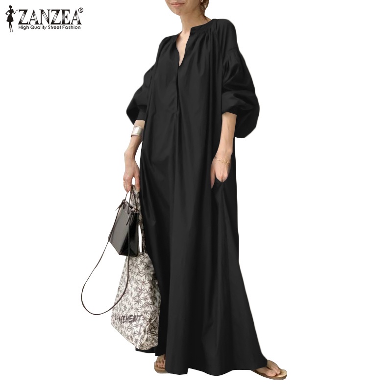 ZANZEA Women Collar V-Neck Puff Sleeve Solid Casual Maxi Dress