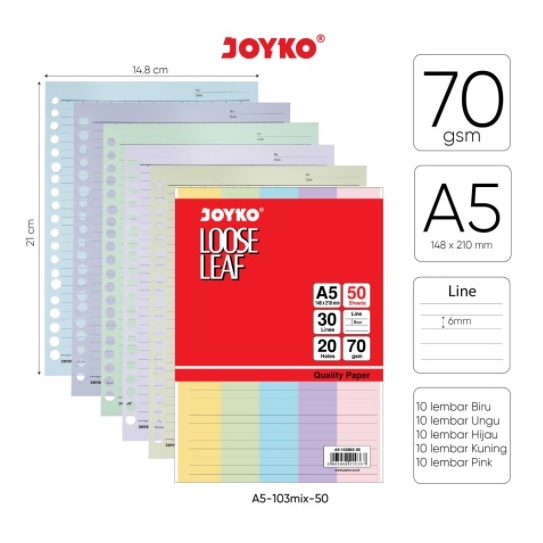 

LOOSE LEAF JOYKO WARNA A5 50 / Isi Kertas File Binder Warna Joyko Warna A5 50 Lembar