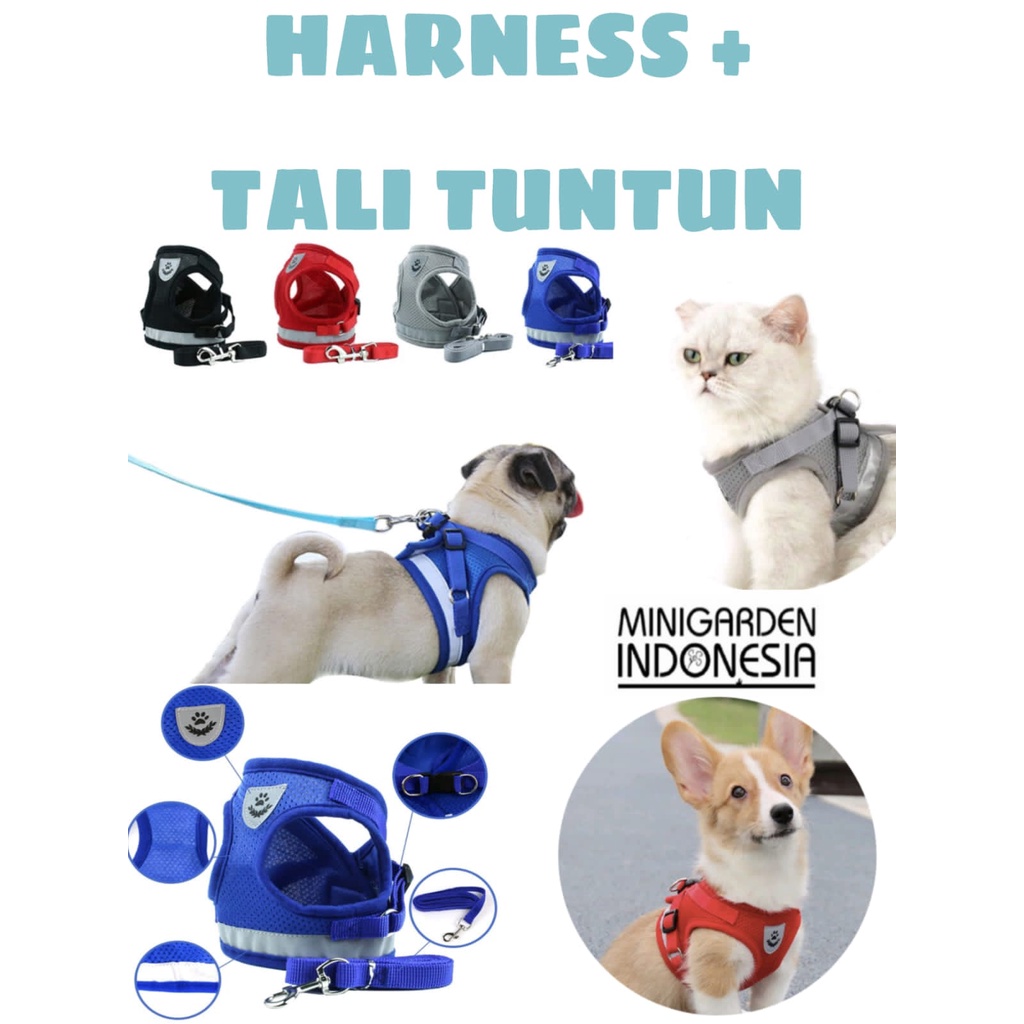 DOG HARNESS + TALI TUNTUN KATUN rompi vest harness anjing kucing cat