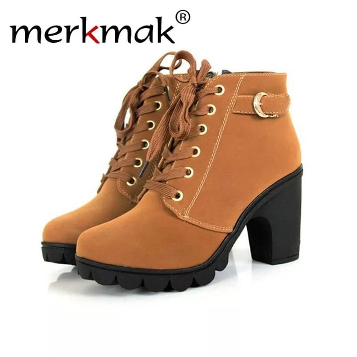 SEPATU BOOTS AC114 - WANITA BOOTS HEELS ALA KOREA TAN