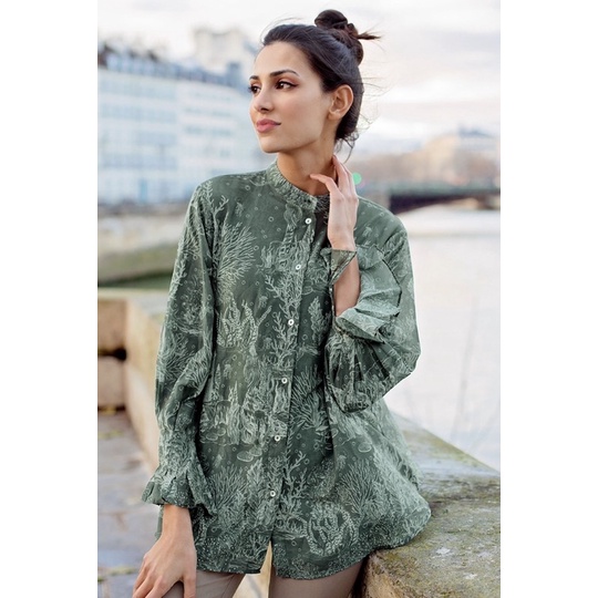 READY size S el mar minorca shirt with puff sleeve dark green benang jarum by buttonscarves