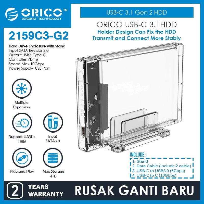 ORICO USB-C 3.1 Gen 2 HDD Enclosure 2.5in Transparent 10Gbps 2159C3-G2