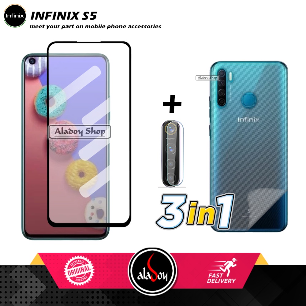 PAKET 3 IN 1 Tempered Glass Layar Infinix S5 Free Tempered Glass Camera dan Skin Carbon