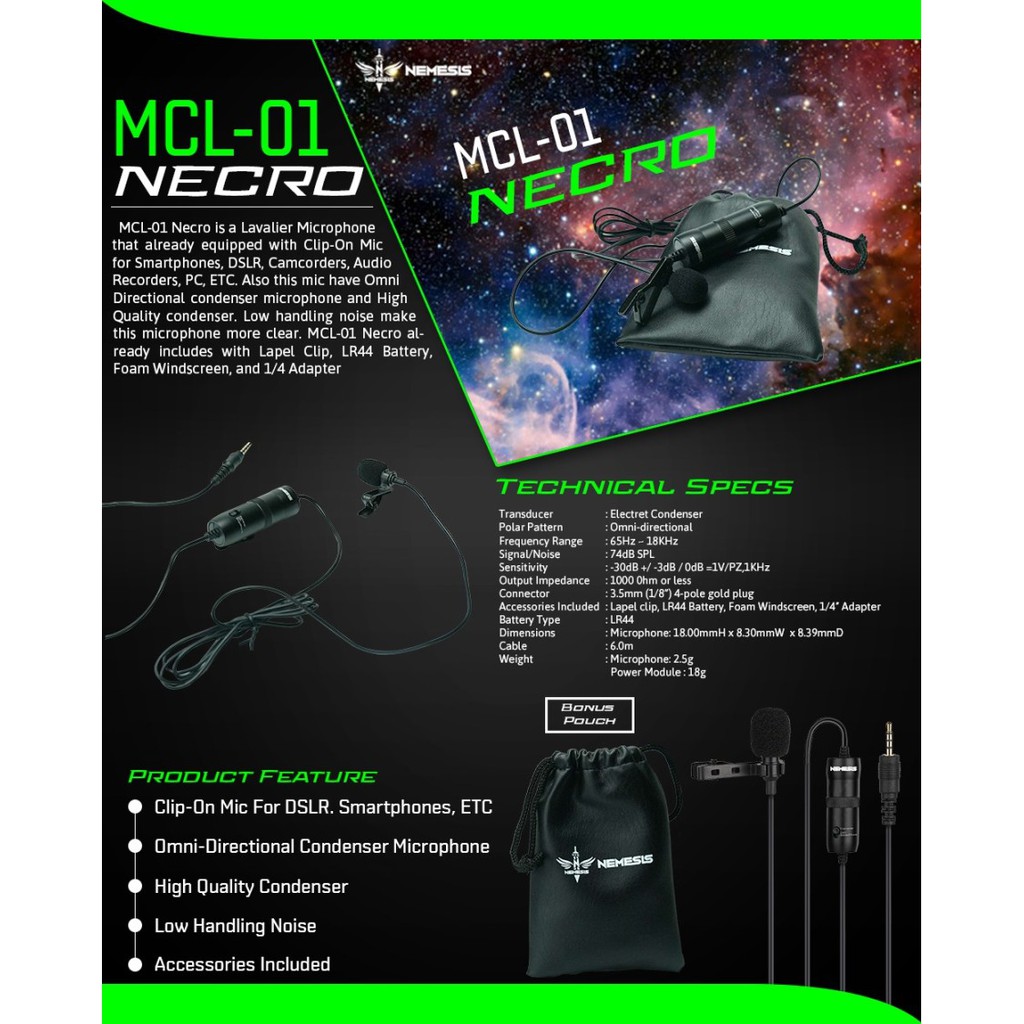 Microphone clip on nyk wired 3.5mm Ts 6.5mm lavalier necro Mcl-01 - Mic jepit klip lapel mcl01
