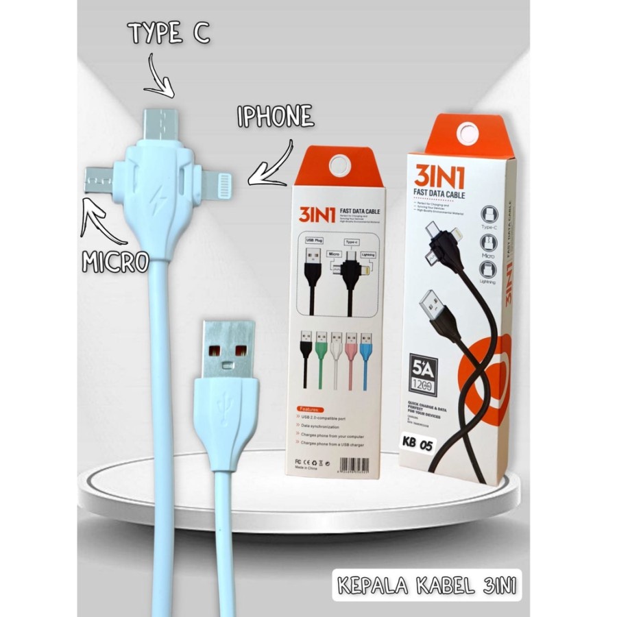 Trend-KABEL KEPALA 3IN1 KB-05 / KABEL DATA CHARGER 3IN1 MICRO USB TYPE C LIG