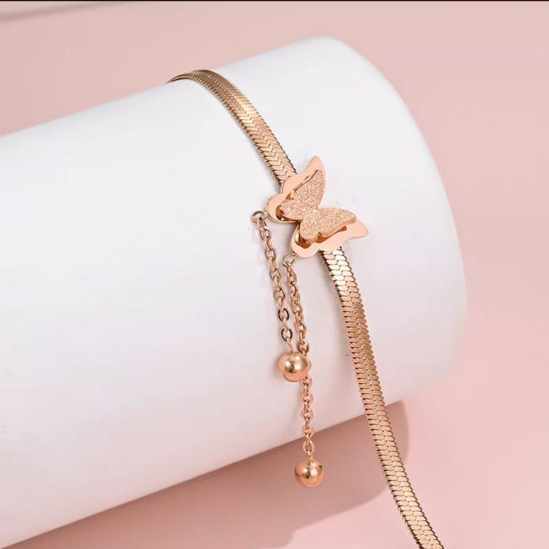 Fourfashion Gelang Rantai Belut Pipih Titanium Model Kupu-Kupu Rumbai Warna Rosegold, Gold &amp; Silver