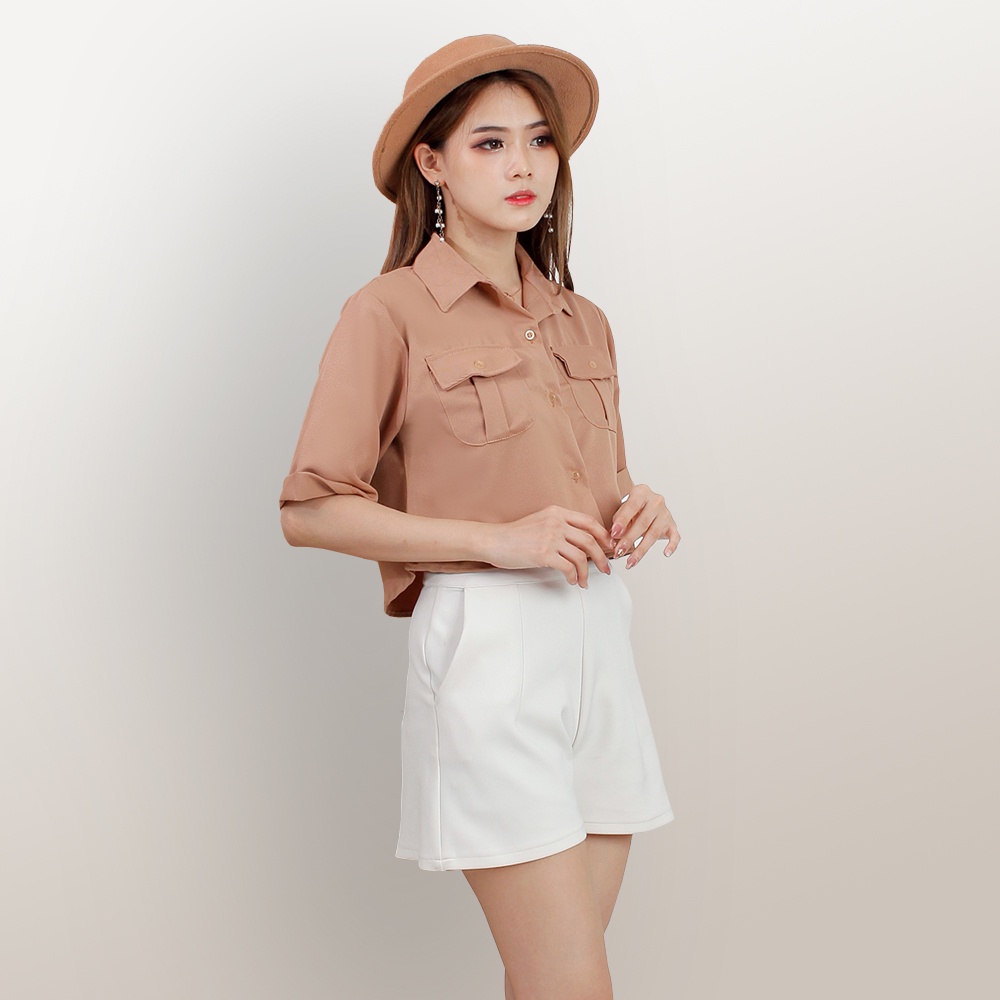 Kemeja cropped lengan pendek wanita gaya Korea variasi kantong warna model terbaru  - XSHOP Lihua