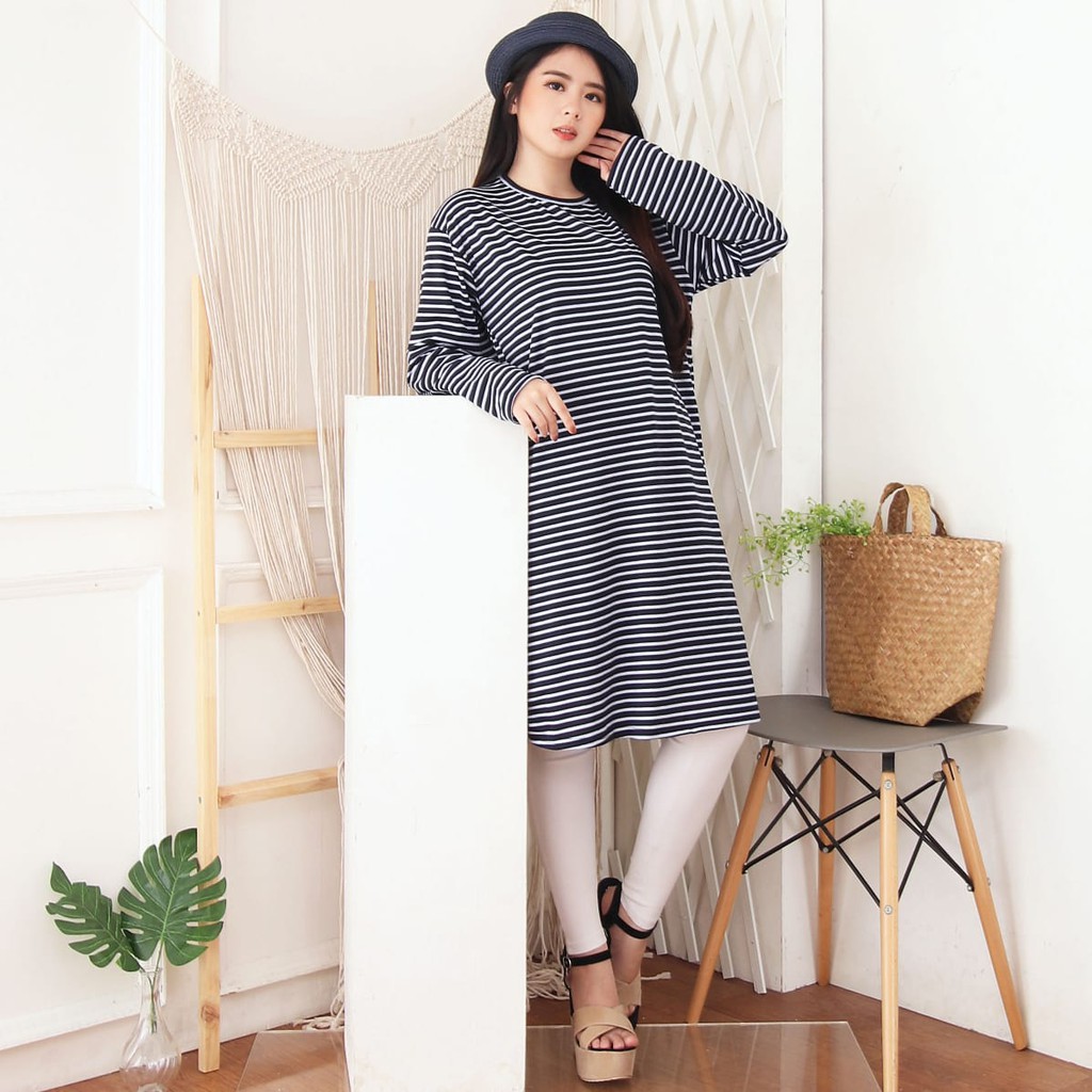 Tunik Spandex Salur Navy | Ukuran L dan XXL