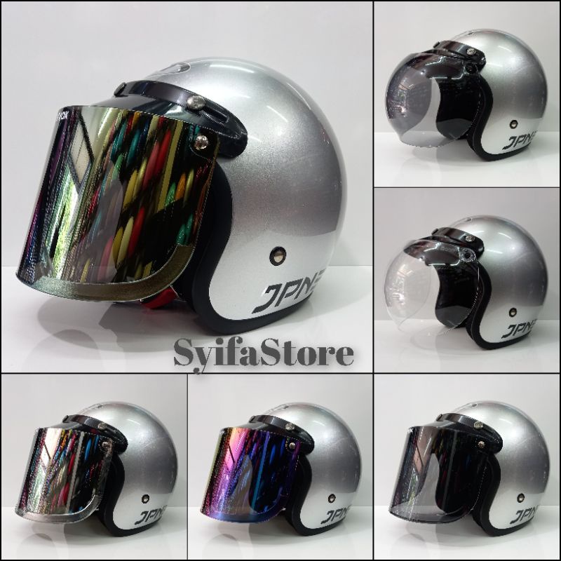 HELM BOGO JPN SILVER GLOSSY KACA FLAT DATAR / KACA CEMBUNG