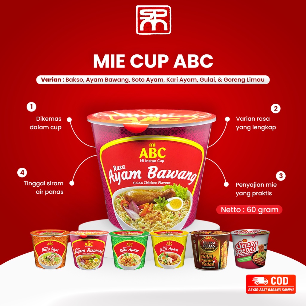 

Mie Cup ABC Instan 60 Gram Berbagai Varian Cita Rasa Siap Saji Dalam Kemasan Rasa Bakso Ayam Bawang Soto Ayam Kari Ayam Gulai Goreng Limau