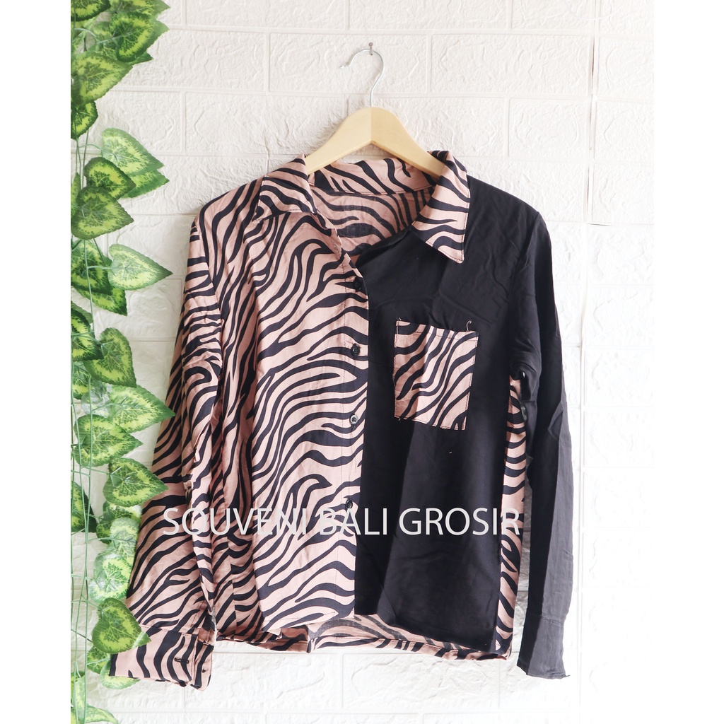 Baju Kemeja Wanita Two Tone Animal Kekinian / Kemeja dua warna / Top Wanita / Atasan Wanita-Zebra brown panjang