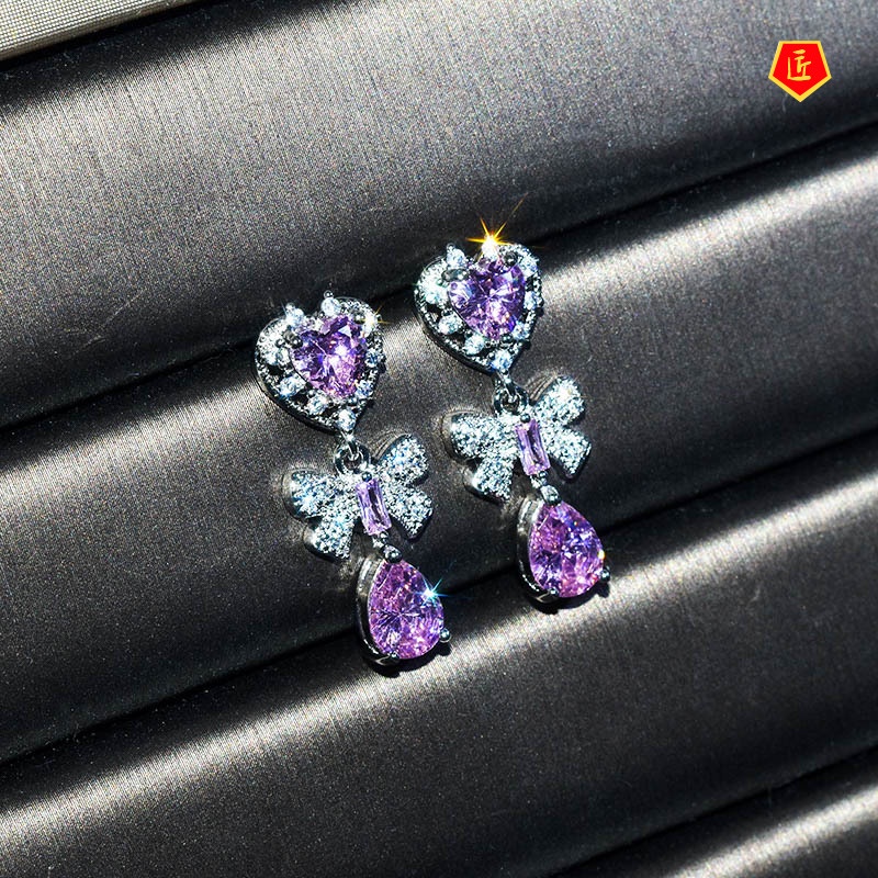 [Ready Stock]Retro Pink Crystal Bow Stud Earrings Sweet Temperament