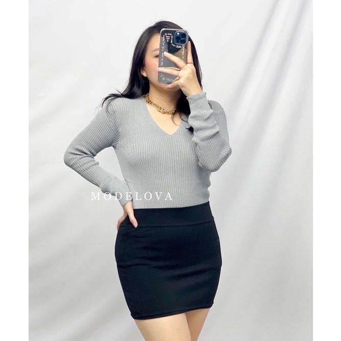 MDLV ~ VNECK RAJUT LENGAN PANJANG BAJU RAJUT TOP RAJUT ATASAN RAJUT LENGAN PANJANG PAKAIAN RAJUT BLOUSE RAJUT FASHION WANITA