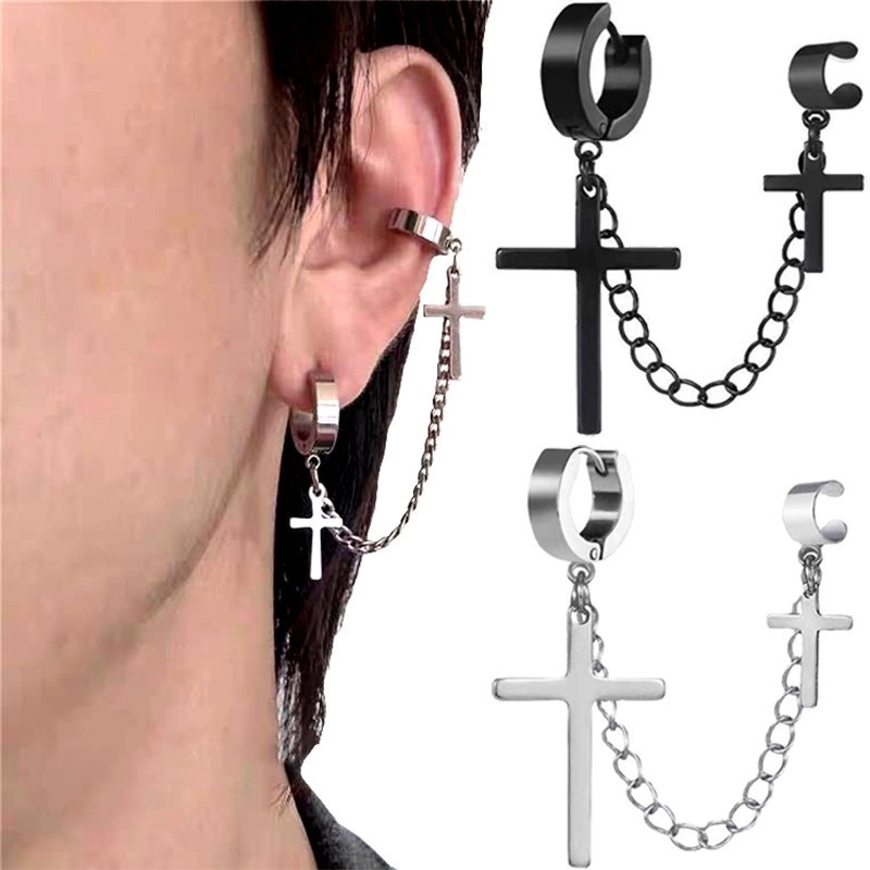 Anting Stud Rantai Rumbai Salib Bahan Logam Gaya Punk Gothic Hip Hop Untuk Wanita