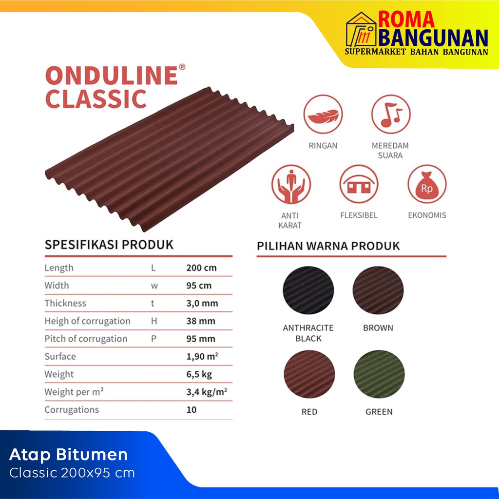 Onduline Genteng Tile Atap Bitumen Onduline Classic 200x95 cm