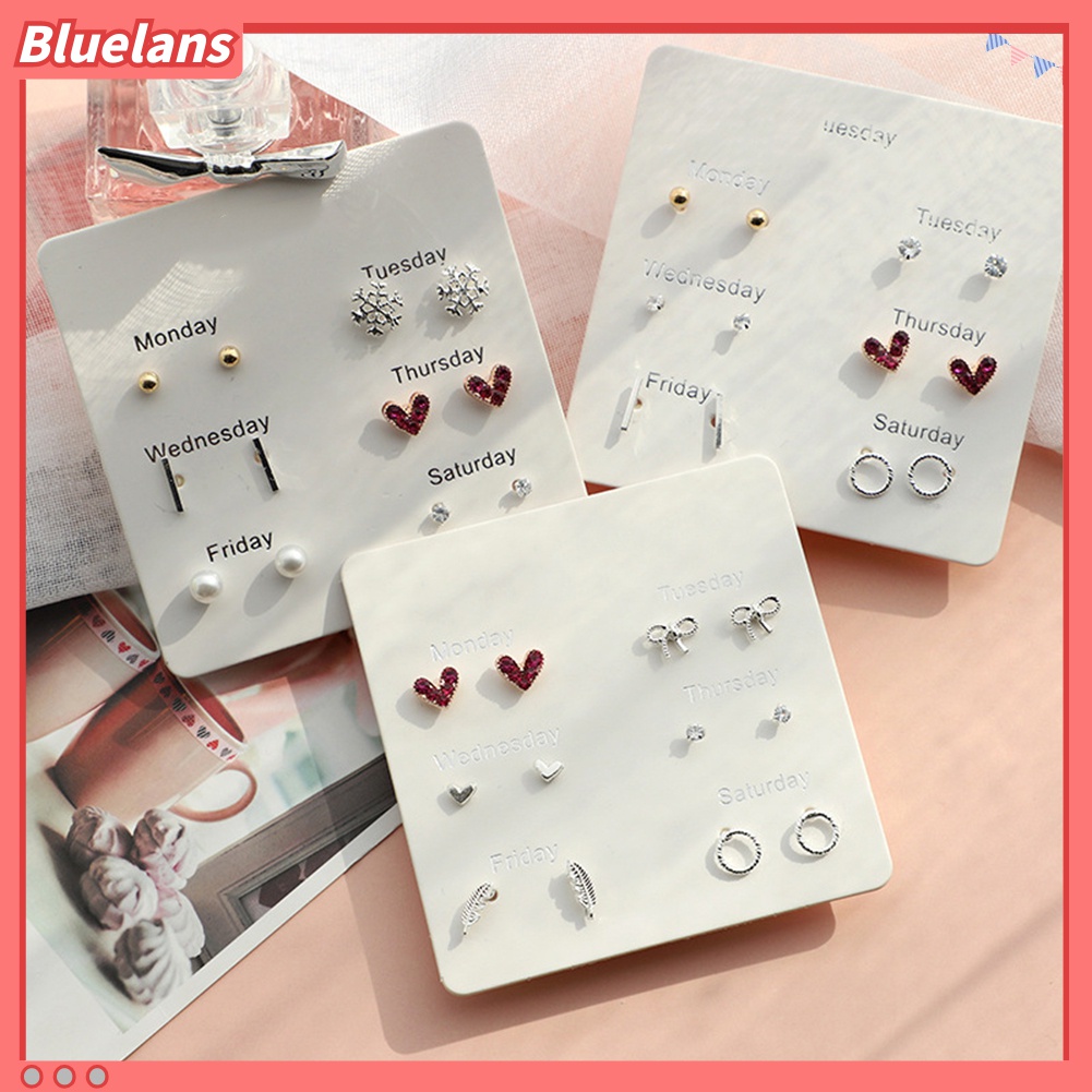 Set 6 Pasang Anting Stud Bentuk Hati Bulu Snowflake Lingkaran Untuk Wanita