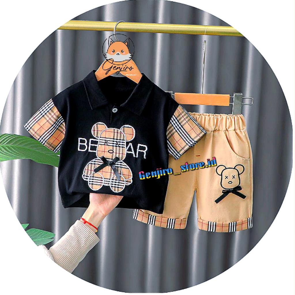 SETELAN WANGKY ANAK LAKI LAKI _GENJIRO_STORE ID_SETELAN BORDIR BONEKA BAHAN BURBERRY/TANAGAN PENDEK CELANA PENDEK/COD/6BLN SAMPAI 4THN_ COD