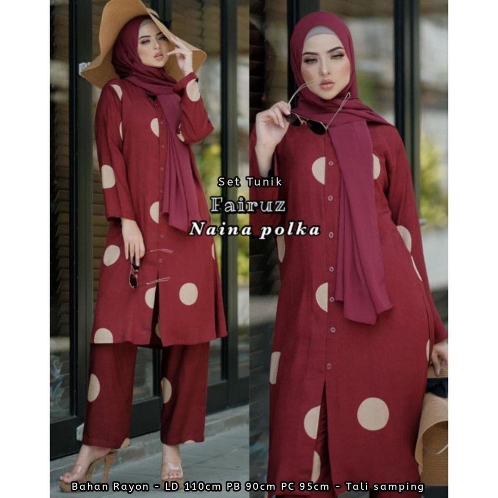 SETELAN TUNIK MALAYSIA NAINA POLKA FAIRUZ 2 in 1  (ATASAN  + CELANA ) / SETELAN RAYON / SET RAYON