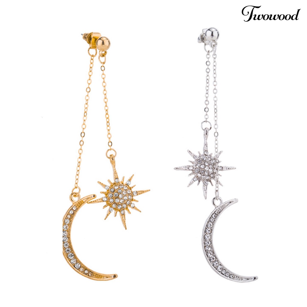 Twowood 1 Pair Dangle Earrings Moon Star Rhinestone Jewelry Sparkling Electroplating Stud Earrings for Daily Wear