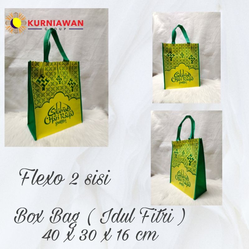 

TAS SPUNBOND GOODIE BAG BOX BAG 40 X 30 X 16cm FLEXO IDUL FITRI 2 SISI
