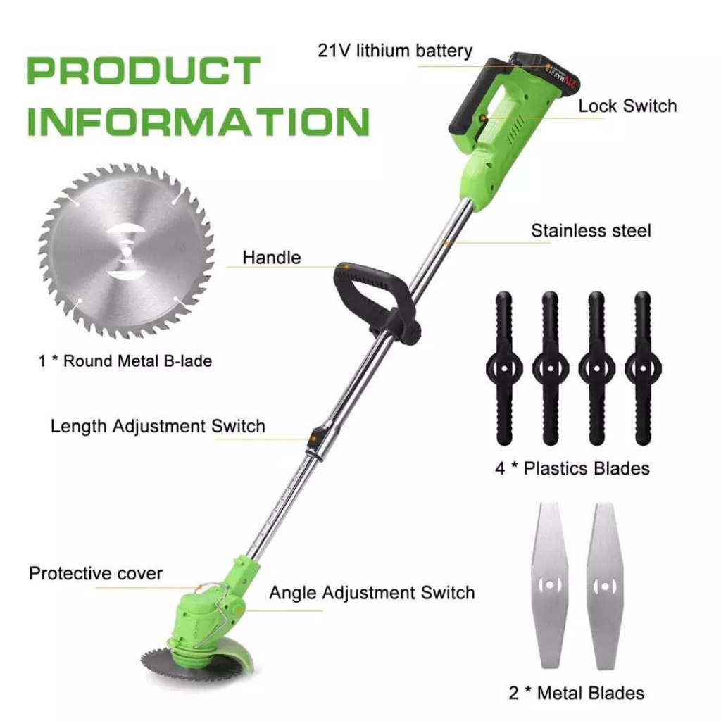 Mesin Potong Rumput 12V Cordless Lawn Mower Electric Grass Trimmer with Li-ion Batteries green