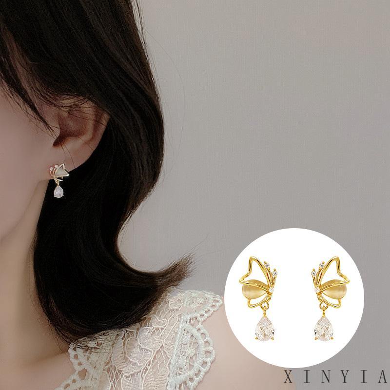 Anting Stud Desain Kupu-Kupu Hati Water Drop Bahan Zirkon Opal Untuk Wanita