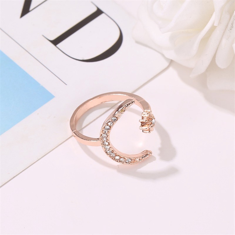 Cincin Jari Telunjuk Wanita Model Terbuka Desain Bulan Bintang Hias Berlian Untuk Hadiah
