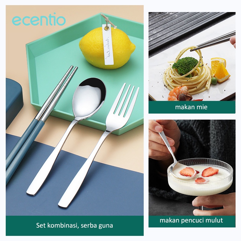 ecentio 3pcs sendok makan sendok garpu set stainless steel sumpit sendok grapu set alat makan dengan kotak berbahan