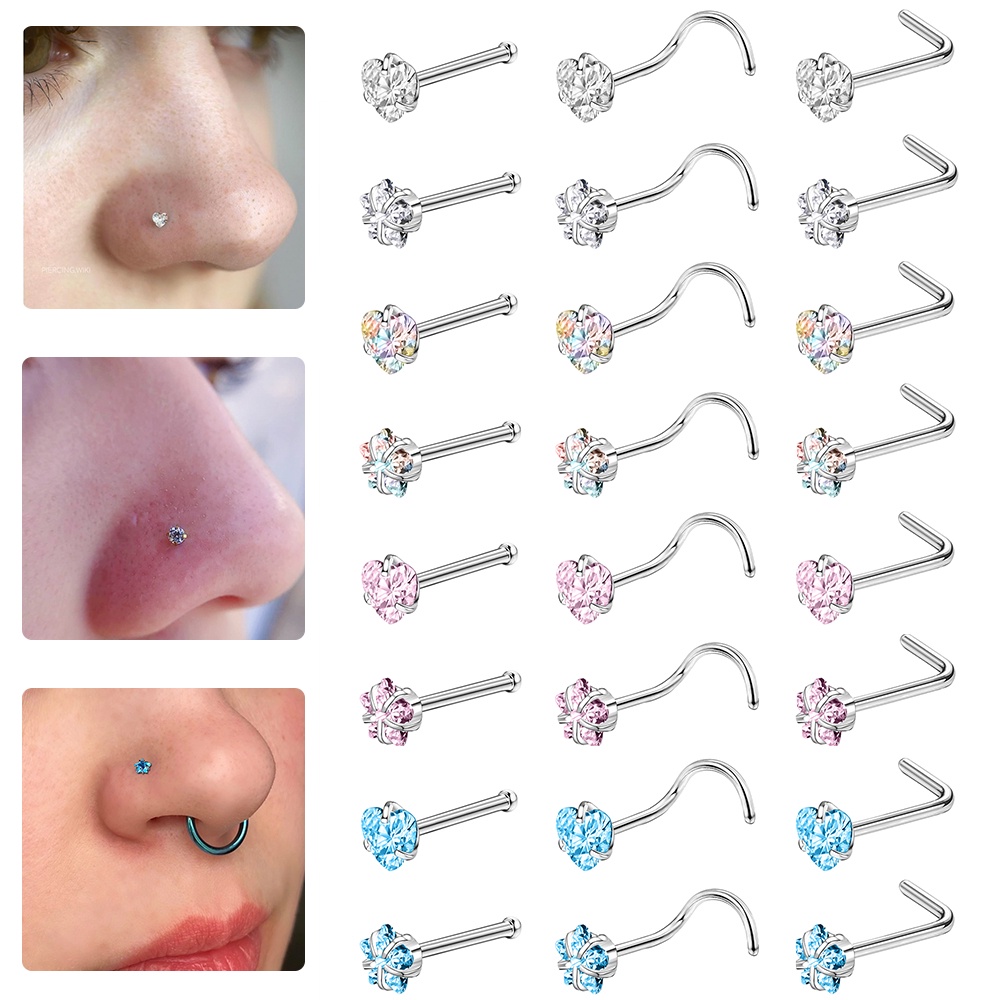 1pc Warna Kristal Stainless Steel Tindik Hidung Bulat Hati Bintang Cz Kristal Hidung Stud Bentuk L Hidung Hidung Perhiasan 20G