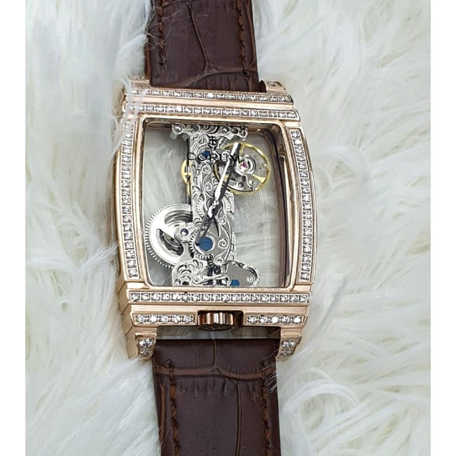 Jam Tangan Pria Corum Golden Bridge Automatic Rose Gold Diamond Dial Brown Leather Strap