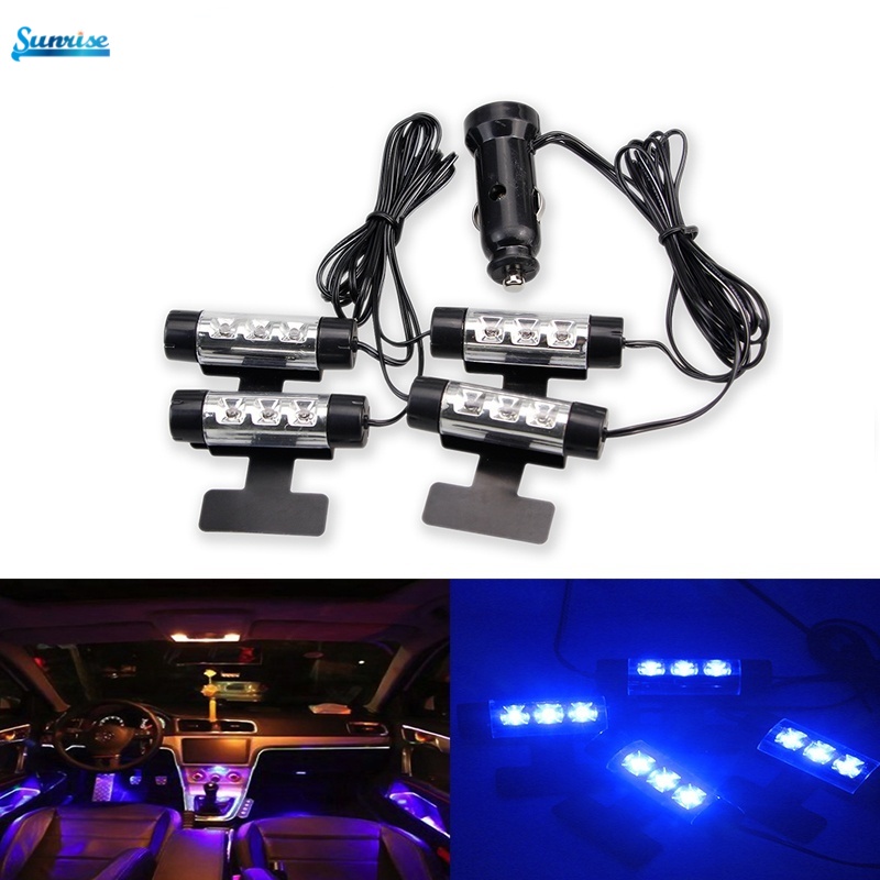 4 Pcs Lampu 3 Led 4in1 Warna Biru Untuk Dekorasi Interior Mobil