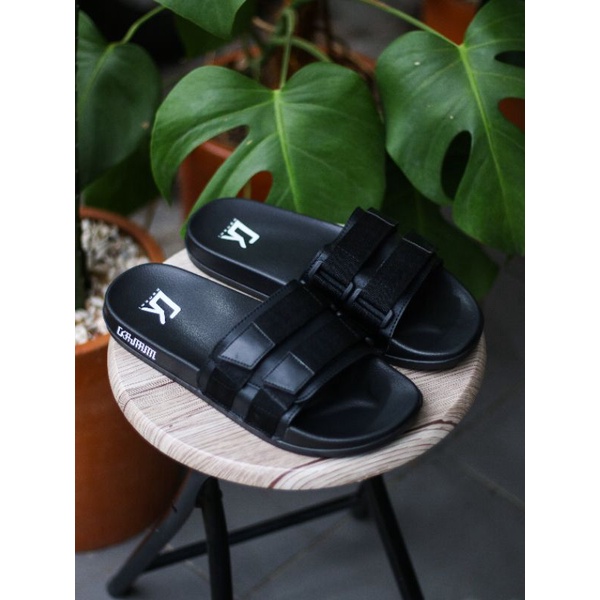 Sandal Slide Pria Slipper Slip on Kokop kasual Anti Slip Ringan Kombinasi Webbing Kanami Full Black  39 - 43