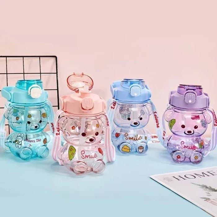 BOTOL MINUM BERUANG / BEAR BENING WARNA WARNI STICKER 2D + TALI HOKKY ACC