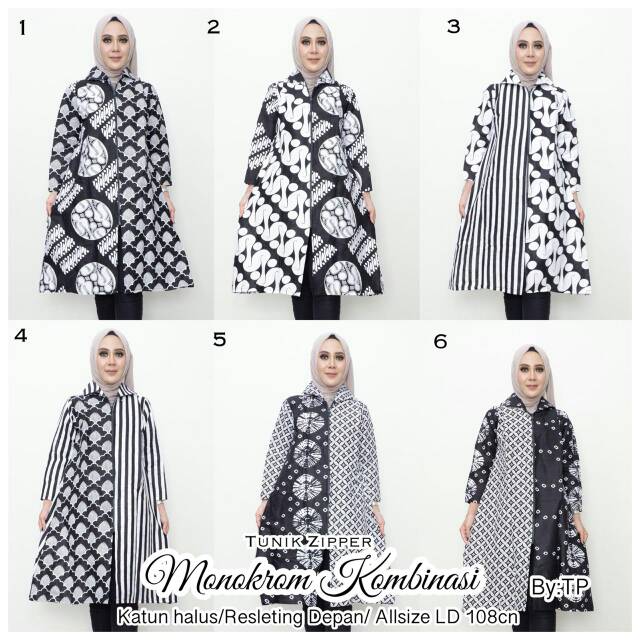 TUNIK ZIPPER MONOCHROOM KOMBINASI MURAH TUNIK BATIK HIJAB MURAH BATIK MURAH SOLO ATASAN BATIK