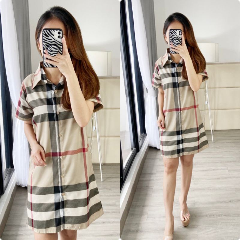 LONGKEM SQUARE COKSU Kmj panjang  dress motif burberry burbery casual Korean style fashion Korea