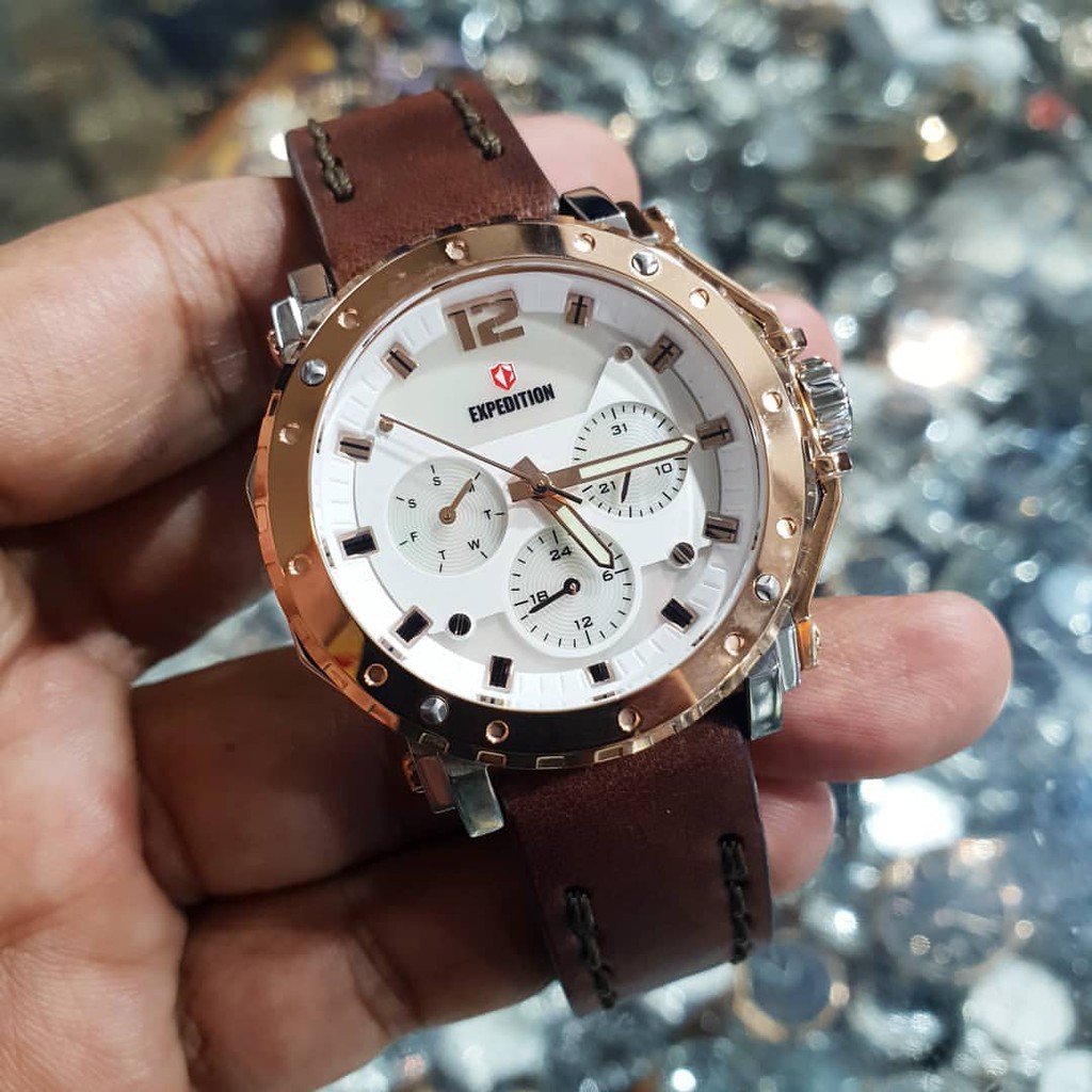 Epedition E6402 silver rosegold tali kulit coklat ladies