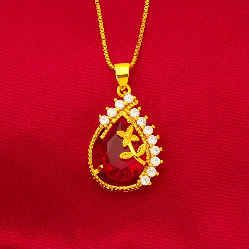 Set Perhiasan Liontin Bunga Drop Zircon Ruby Emerald 24K Lapis Emas Untuk Aksesoris Wanita Sapphire