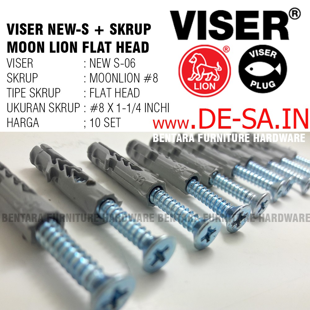 10 x Viser New-S6 + Screw Flat Head Moon Lion #8 x 1-1/4&quot; - Skrup Angkur Dinding Tembok Beton Bata