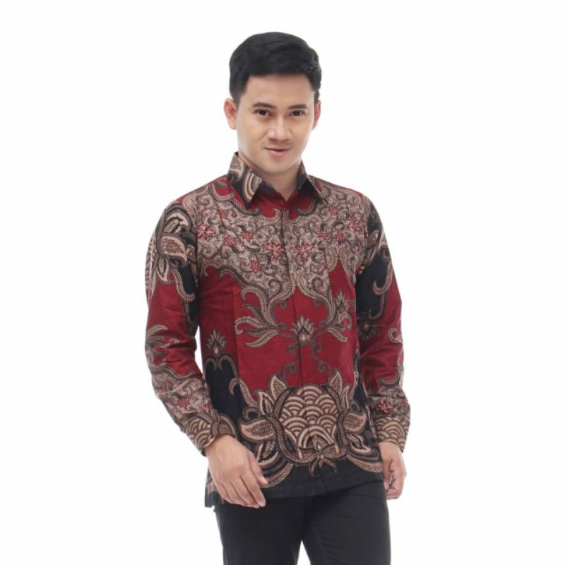 WD SLIMFIT PUTU ATASAN KEMEJA BATIK COWOK LENGAN PANJANG MERAH MARUN MAROON KOMBINASI COKSU KREM LAT