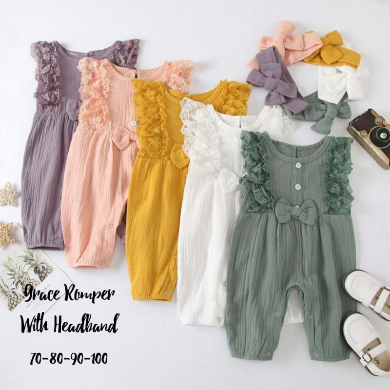 Girl Romper bayi, Dress romper anak import, Jumper bayi plus headband, Baju bayi