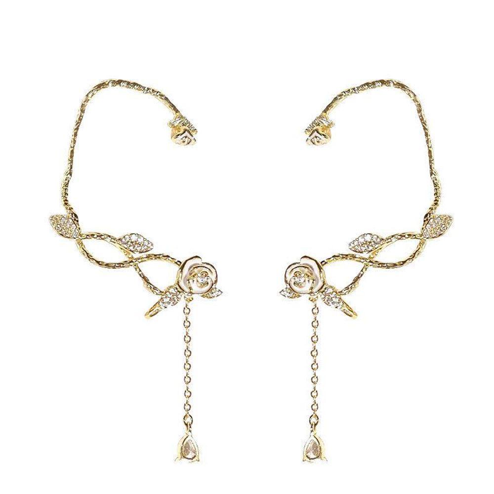Mxbeauty Anting Klip Bunga Mawar Trendy 1pc Rantai Panjang Perempuan Tanpa Tindik Zirkon Gaya Korea Klip Telinga