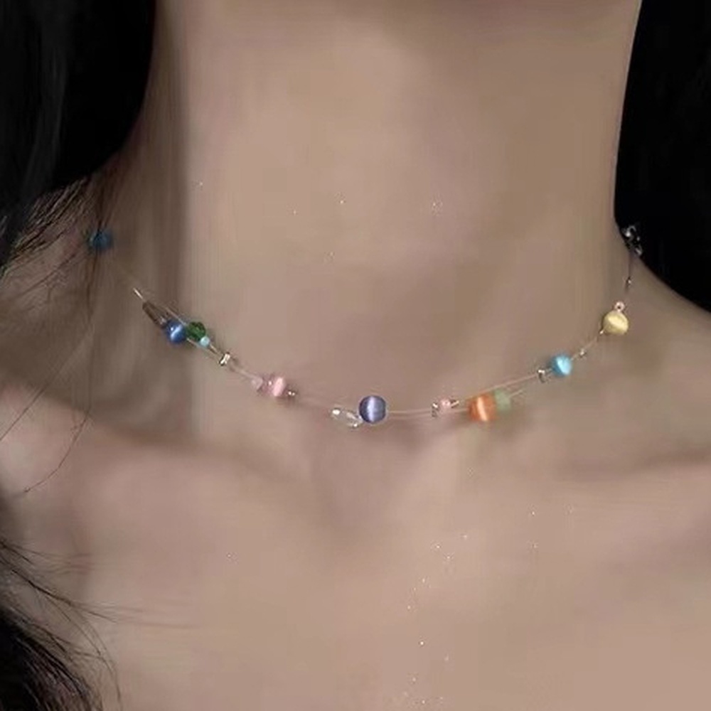 Kalung Tali Pancing Manik-Manik Opal Warna-Warni Untuk Wanita