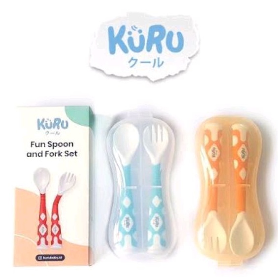 Kuru Baby Fun Spoon &amp; Fork Set - Kuru Sendok Garpu Makan Bayi Flexible Dengan Case Box