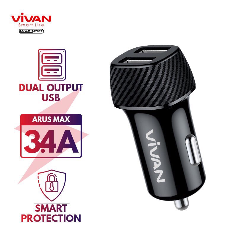 VIVAN Car Charger CC02C 3.4A Dual USB Smart IC Quick Charging Mobil Original Garansi Resmi 1 Tahun