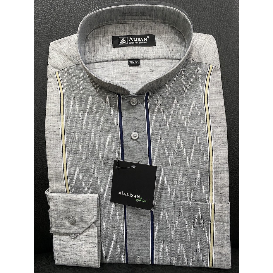 Kemeja Alisan Koko Corak Abu-Abu Baru Lengan Panjang 15-33