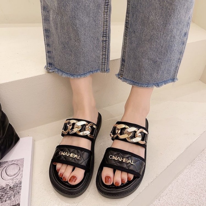 DDS10998 Sandal Wanita Import Fashion Import Cnaheal Chain Slip On Ready Jakarta Bisa COD (With Box)