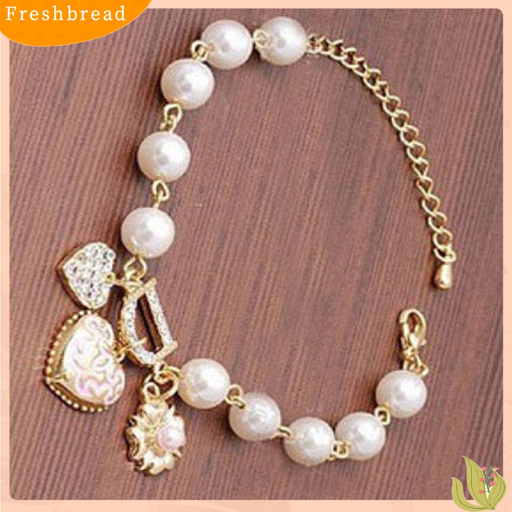 【Fresh】Fashion Faux Pearl Rhinestone Love Heart Pendant Bracelet Jewelry Party Gift